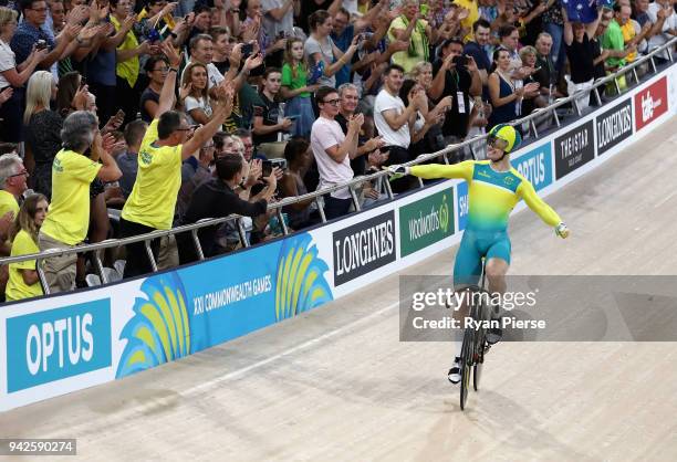 Matt Glaetzer of Australia celebrates winning gold in the Men's Keirin Finals during the Cycling on day two of the Gold Coast 2018 Commonwealth Games...