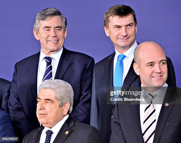 Gordon Brown, U.K. Prime minister, back left, Andrus Ansip, prime minister of Estonia, back right, Demetris Christofias, president of Cyprus, left,...