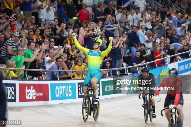 Australia's Matt Glaetzer celebrates his gold medal win in the men's keirin finals cycling event during the 2018 Gold Coast Commonwealth Games at the...