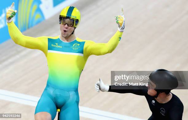 Matt Glaetzer of Australia celebrates winning gold in the Men's Keirin Finals during the Cycling on day two of the Gold Coast 2018 Commonwealth Games...