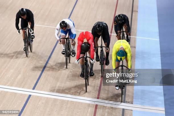 Matt Glaetzer of Australia races to the line to win gold in the Men's Keirin Finals during the Cycling on day two of the Gold Coast 2018 Commonwealth...