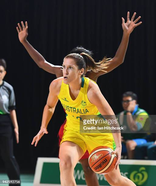 Belinda Snell of Australia drives to the basket during the womenÕs Pool A Basketball match between Australia and Mozambique on day two of the Gold...