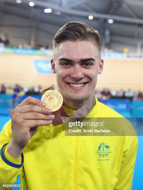 Gold medalist Matt Glaetzer of Australia celebrates during the medal ceremony for the Men's Keirin Finals on day two of the Gold Coast 2018...