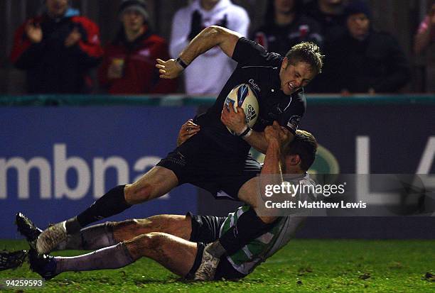 Alex Tait of Newcastle breaks clear to score a try during the Amlin Challenge Cup match between Newcastle Falcons and Montauban at Kingston Park on...