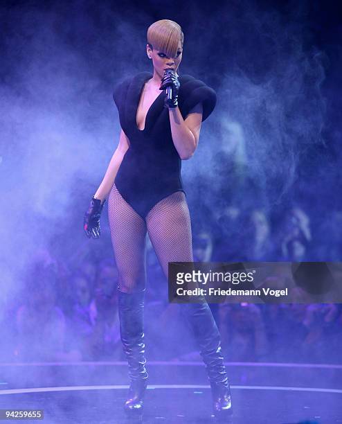 Rihanna performs during the German TV Show 'Popstars You & I' final at the Koenigspilsener Arena on December 10, 2009 in Oberhausen, Germany.