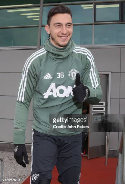 Matteo Darmian of Manchester United in action during a first team training session at Aon Training Complex on April 6, 2018 in Manchester, England.