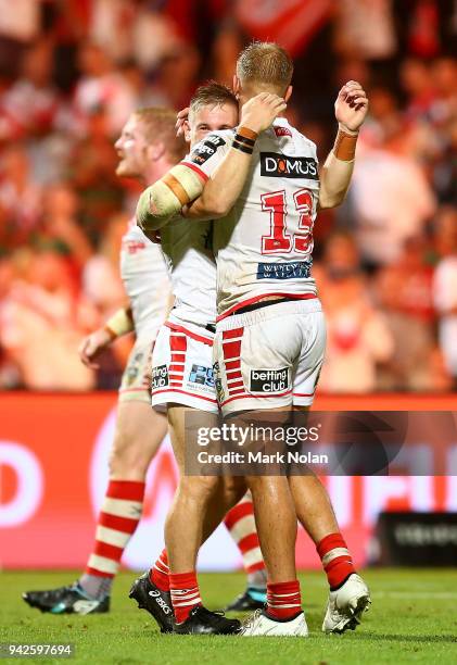 Matthew Dufty and Jack de Belin of the Dragons celebrate after winning the round five NRL match between the St George Illawarra Dragons and the South...