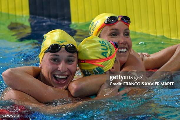 Australia 's Emma McKeon , Australia's Madeline Groves and Australia 's Brianna Throssell celebrate after the swimming women's 100m butterfly final...