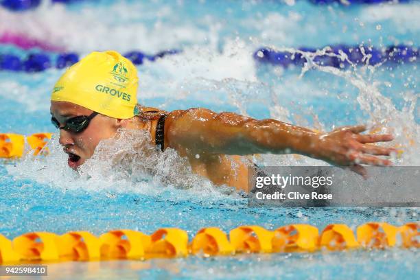 Madeline Groves of Australia competes during the Women's 100m Butterfly Final on day two of the Gold Coast 2018 Commonwealth Games at Optus Aquatic...