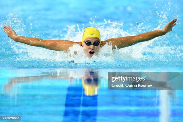 Madeline Groves of Australia competes during the Women's 100m Butterfly Final on day two of the Gold Coast 2018 Commonwealth Games at Optus Aquatic...