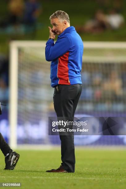 Ernie Merrick of the Jets looks dejected after the defeat to the Glory during the round 26 A-League match between the Newcastle Jets and the Perth...