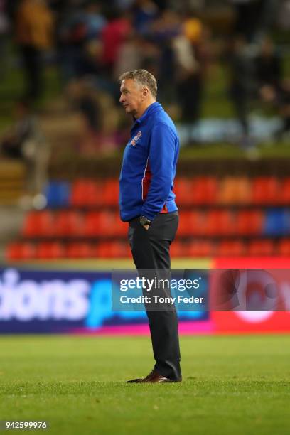 Ernie Merrick of the Jets looks dejected after the defeat to the Glory during the round 26 A-League match between the Newcastle Jets and the Perth...