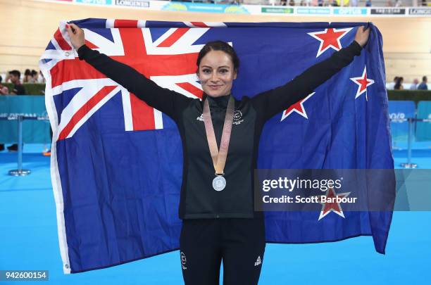 Silver medalist Natasha Hansen of New Zealand celebrates during the medal ceremony for the Women's Sprint final on day two of the Gold Coast 2018...
