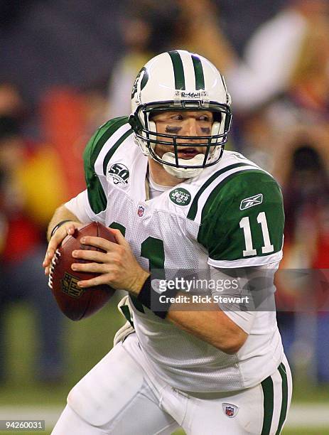 Quarterback Kellen Clemens of the New York Jets looks to make a pass play during their NFL game against the Buffalo Bills on December 3, 2009 at...