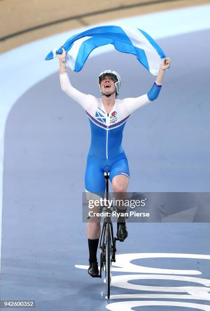 Katie Archibald of Scotland celebrates winning gold in the Women's 3000m Individual Pursuit Gold Final during the Cycling on day two of the Gold...