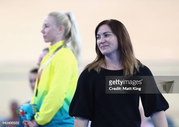 Anna Meares looks on during the medal ceremony for the Women's Sprint final on day two of the Gold Coast 2018 Commonwealth Games at Anna Meares...