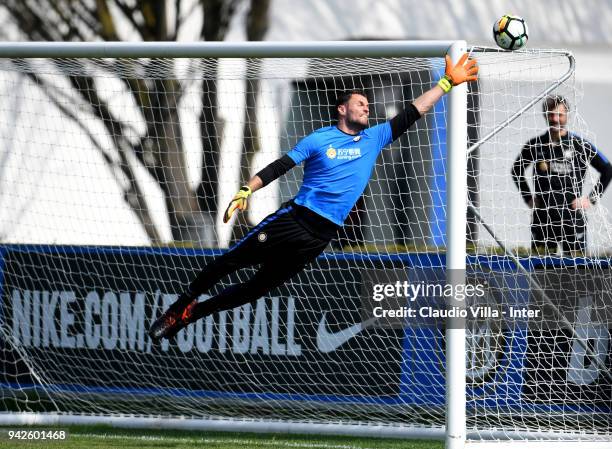 Daniele Padelli of FC Internazionale in action during the FC Internazionale training session at the club's training ground Suning Training Center in...