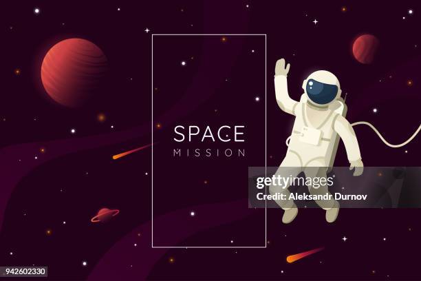 space mission vector illustration. astronaut in outer space and waves hand. space background with frame and place for text. eps 10. - galaxy illustration stock illustrations