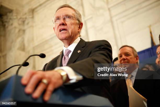 Senate Majority Leader Sen. Harry Reid speaks as Senate Majority Whip Sen. Richard Durbin listens during a news conference December 10, 2009 on...