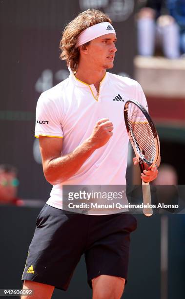 Alexander Zverev of Germany celebrates a point against David Ferrer of Spain during day one of the Davis Cup World Group Quarter Final match between...