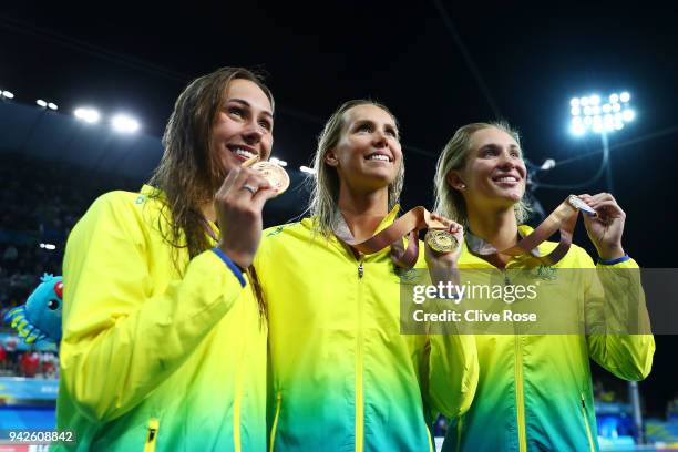 Silver medalist Madeline Groves of Australia , gold medalist Emma McKeon of Australia and bronze medalist Brianna Throssell of Australia pose during...