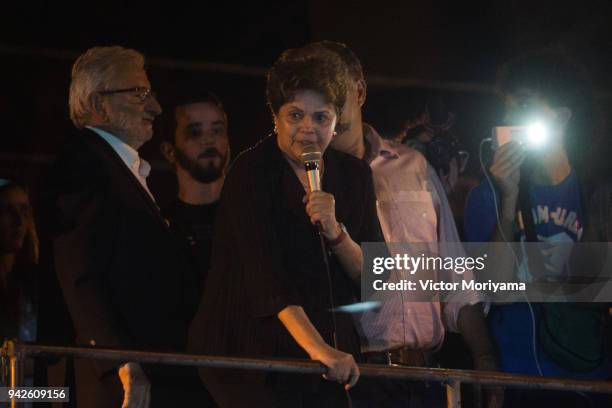 Former President Dilma Rousseff speaks in defense of former President Lula as supporters of former President Luiz Inacio Lula da Silva gather in...