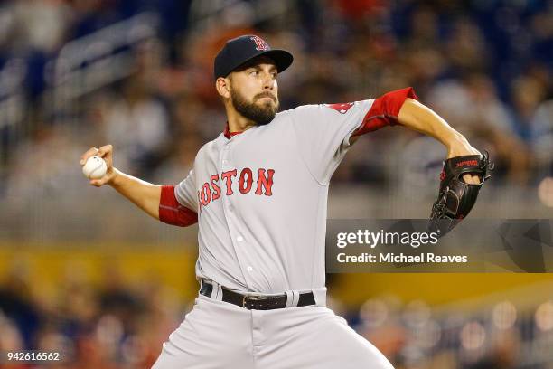 Matt Barnes of the Boston Red Sox delivers a pitch against the Miami Marlins at Marlins Park on April 3, 2018 in Miami, Florida.