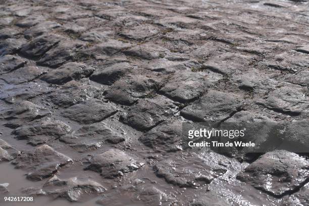 Illustration / Cobbles / Pave / Mud / during training of 116th Paris to Roubaix 2018 on April 6, 2018 in Arenberg, France.