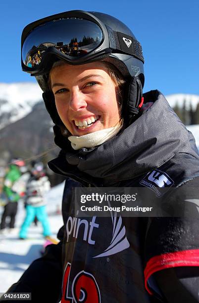 Torah Bright of Australia poses for a photo after her run in the US Snowboarding Grand Prix Ladies Qualifier in the Main Vein Halfpipe on December...