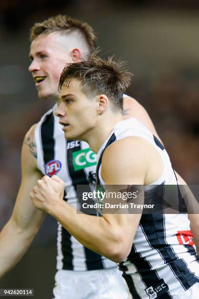 Josh Thomas of the Magpies celebrates a goal during the round three AFL match between the Carlton Blues and the Collingwood Magpies at Melbourne...