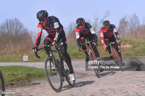 Greg Van Avermaet of Belgium, Michael Schar of Switzerland and BMC Racing Team / during training of 116th Paris to Roubaix 2018 on April 6, 2018 in...