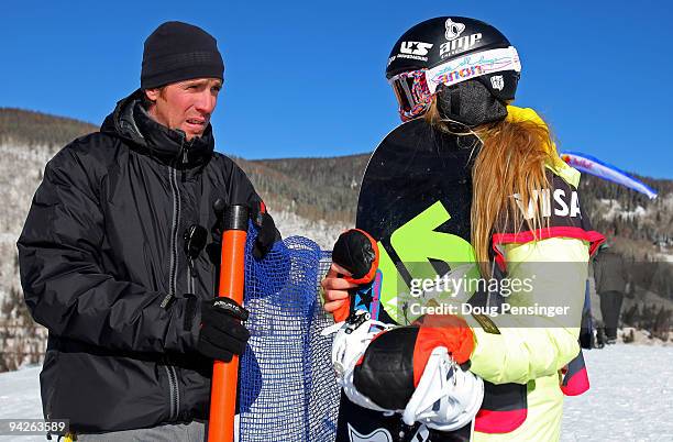 Snowboarding Halfpipe Head Coach Mike Jankowski talks with Hannah Teter prior to the US Snowboarding Grand Prix Ladies Qualifier in the Main Vein...