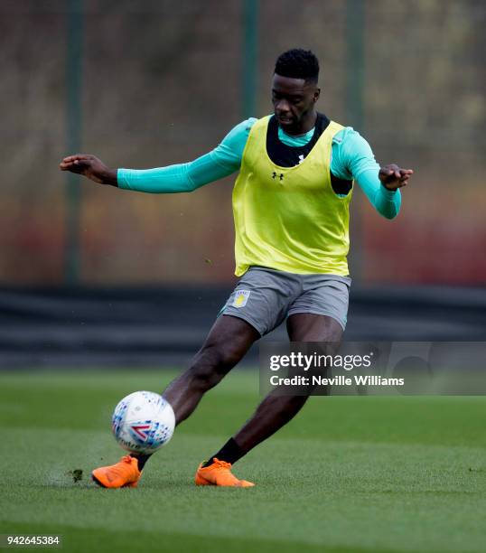 Axel Tuanzebe of Aston Villa in action during a a training session at the club's training ground at Bodymoor Heath on April 06 , 2018 in Birmingham,...