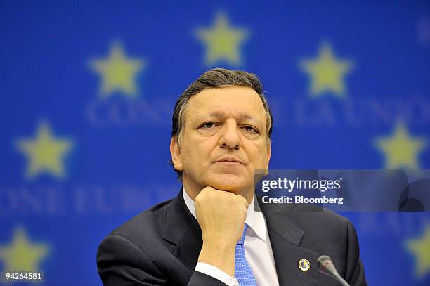 Jose Manuel Barroso, president of the European Commission, listens during the news conference following the first day of the European Union leaders...
