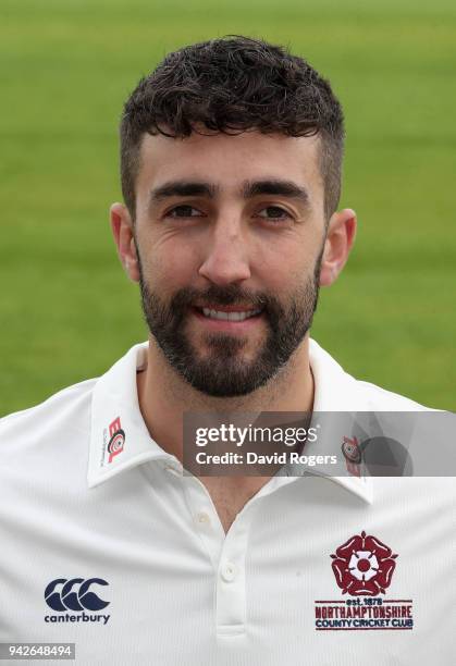 Ben Sanderson of Northamptonshire County Cricket Club poses for a portrait in their Specsavers County Championship strip during the photocall held at...
