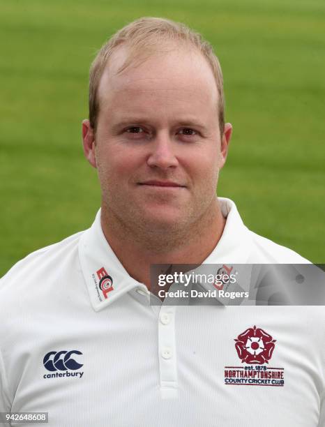 Richard Levi of Northamptonshire County Cricket Club poses for a portrait in their Specsavers County Championship strip during the photocall held at...