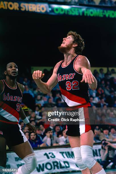 Bill Walton of the Portland Trail Blazers rebounds against the Boston Celtics during a game played in 1977 at the Boston Garden in Boston,...