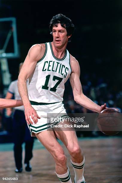 John Havlicek of the Boston Celtics moves the ball up court during a game played in 1978 at the Boston Garden in Boston, Massachusetts. NOTE TO USER:...