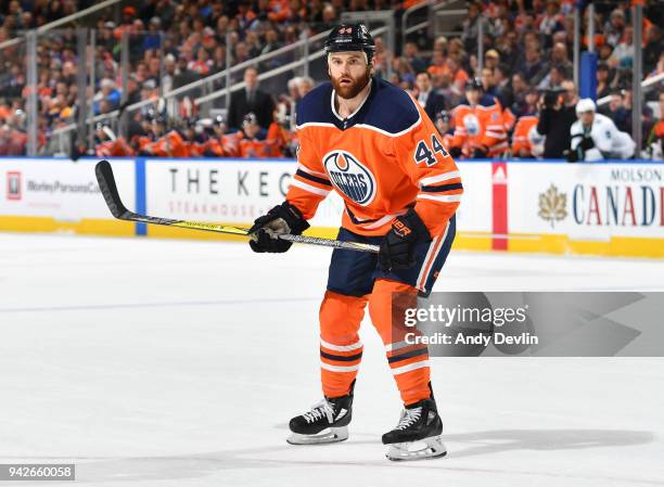 Zack Kassian of the Edmonton Oilers skates during the game against the San Jose Sharks on March 14, 2018 at Rogers Place in Edmonton, Alberta,...