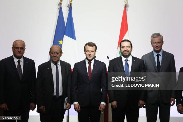 Lebanese politician Ali Hassan Khalil, French Foreign Affairs Minister Jean-Yves Le Drian, French President Emmanuel Macron, Lebanese Prime Minister...