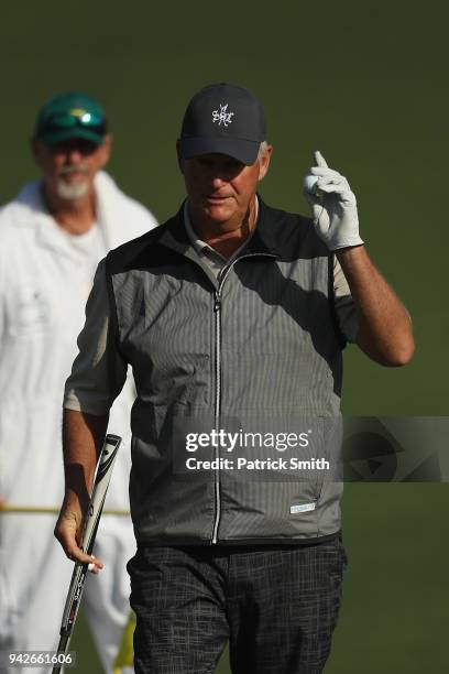 Sandy Lyle of Scotland waves on the second hole during the second round of the 2018 Masters Tournament at Augusta National Golf Club on April 6, 2018...