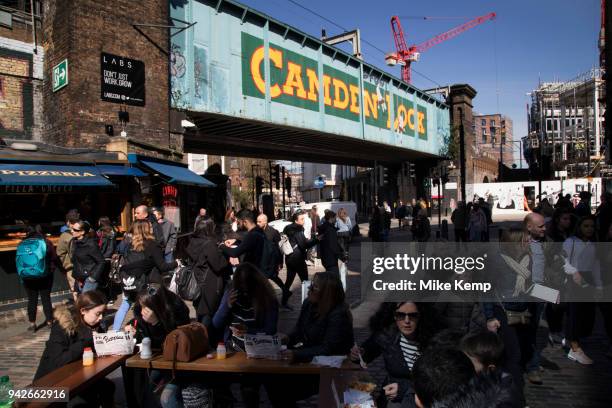 Famous sign for Camden Lock at this busy hang out for young Londoners and tourists in Camden Town, London, England, United Kingdom. Camden Town is...