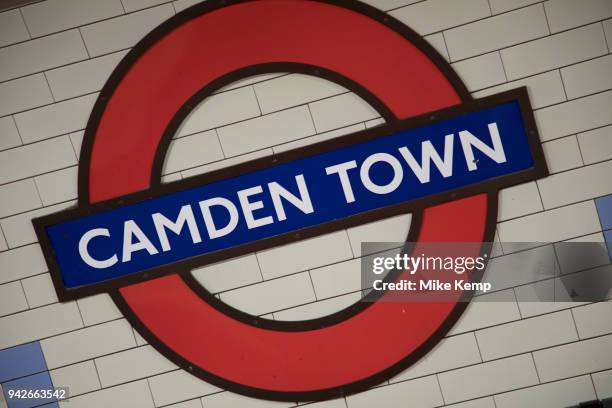 Tube sign at Camden Town underground station, London, England, United Kingdom. Camden Town is famed for its market, warren of fashion and shops, and...