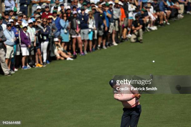 Matt Kuchar of the United States plays a approach shot on the second hole during the second round of the 2018 Masters Tournament at Augusta National...