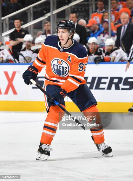 Ryan Nugent-Hopkins of the Edmonton Oilers skates during the game against the Anaheim Ducks on March 25, 2018 at Rogers Place in Edmonton, Alberta,...