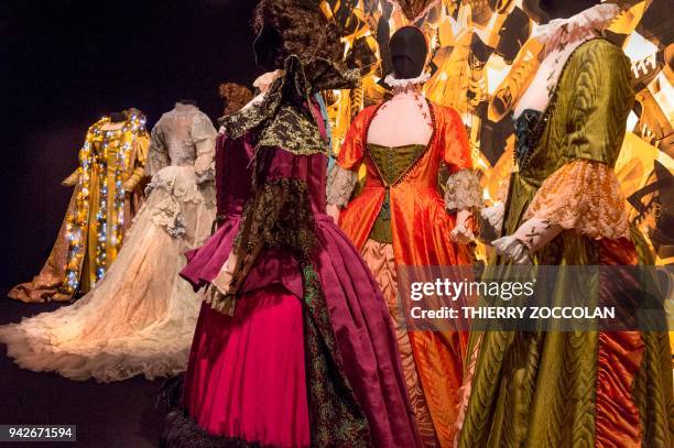 Costumes for "Cindirella" by Alain Blanchet are pictured during a press preview of the exhibition "Fairy Tales" at the National Center for Stage...