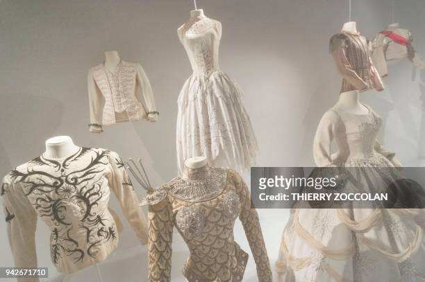 Costumes for comic opera "Isoline" designed by Jean-Pierre Ponnelle are pictured during a press preview of the exhibition "Fairy Tales" at the...