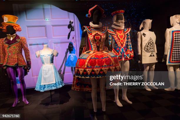 Costumes for the ballet "Alice in Wonderland" by Charles Cusick-Smith and Phil R. Daniels are pictured during a press preview of the exhibition...