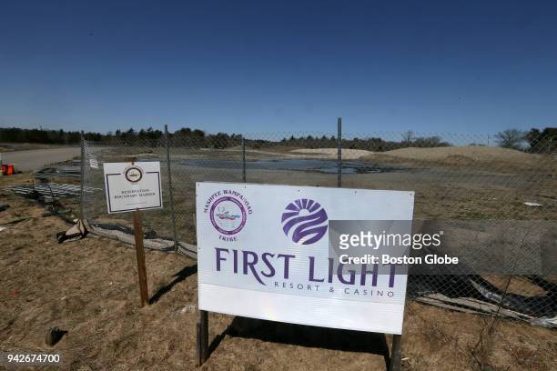 Sign stands outside the vacant site of a planned casino at the corner of Stevens Street and O'Connell Way in Taunton, MA on April 5, 2018. For more...