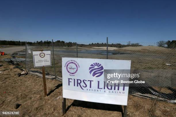 Sign stands outside the vacant site of a planned casino at the corner of Stevens Street and O'Connell Way in Taunton, MA on April 5, 2018. For more...